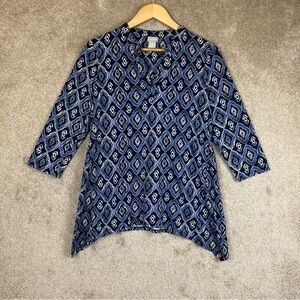 Chico’s Shirt Womens 1 Blue Cotton Blend 3/4 Sleeve Pullover Stretch- 1890*